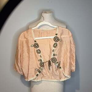 Vintage Elizabeth Gillette  Pink Floral Shawl Shrug Open Front Top M/L 100% silk